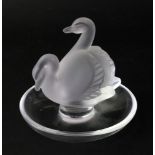 A Lalique glass figure double swans pin dish, etched Lalique France, 9cm high.