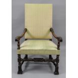 A late 17th century French walnut frame elbow chair,