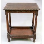 An oak two tier table, in 17th century style, reconstructed incorporating earlier elements,