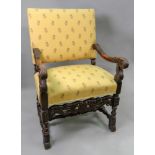 A pair of reproduction late 17th style walnut elbow chairs,