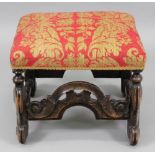 A Charles II walnut frame stool, with an upholstered rectangular stuff over seat,