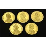 Five Austrian 1915 gold 4 ducats, re-struck, 69.8g.