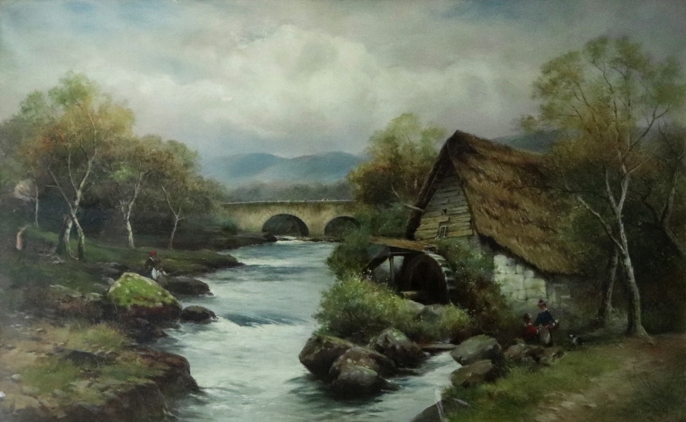 Walter Graham (British, 19th Century), A watermill with figures by a river,