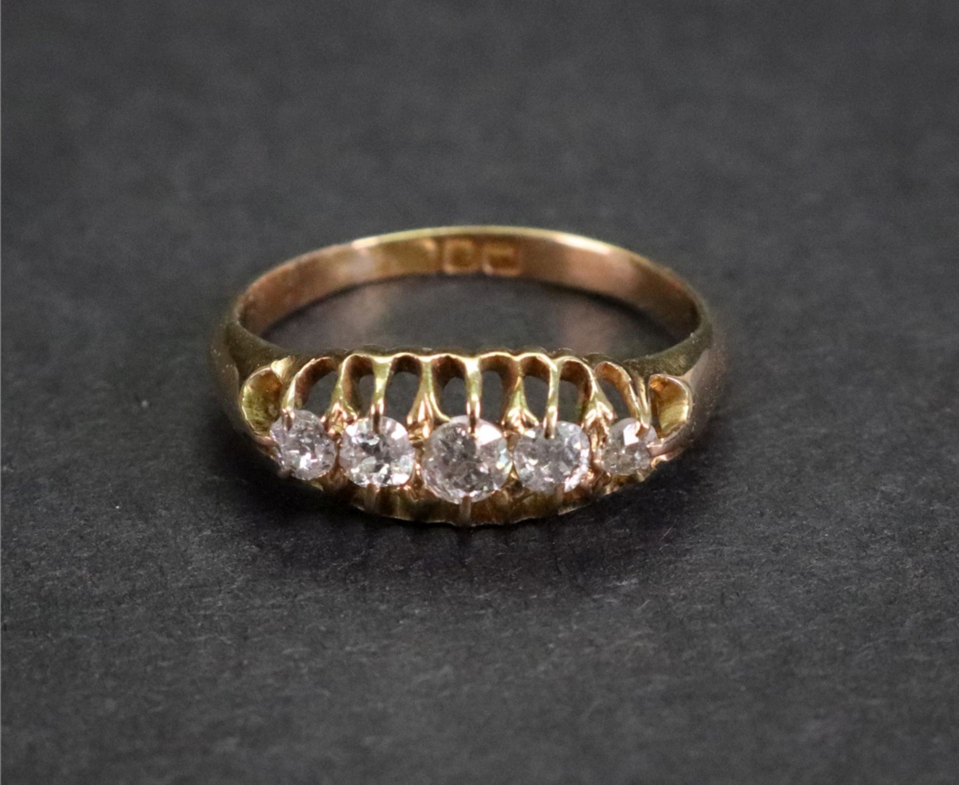 An 18ct gold and diamond-set five-stone ring, London 1906, ring size J, 2.