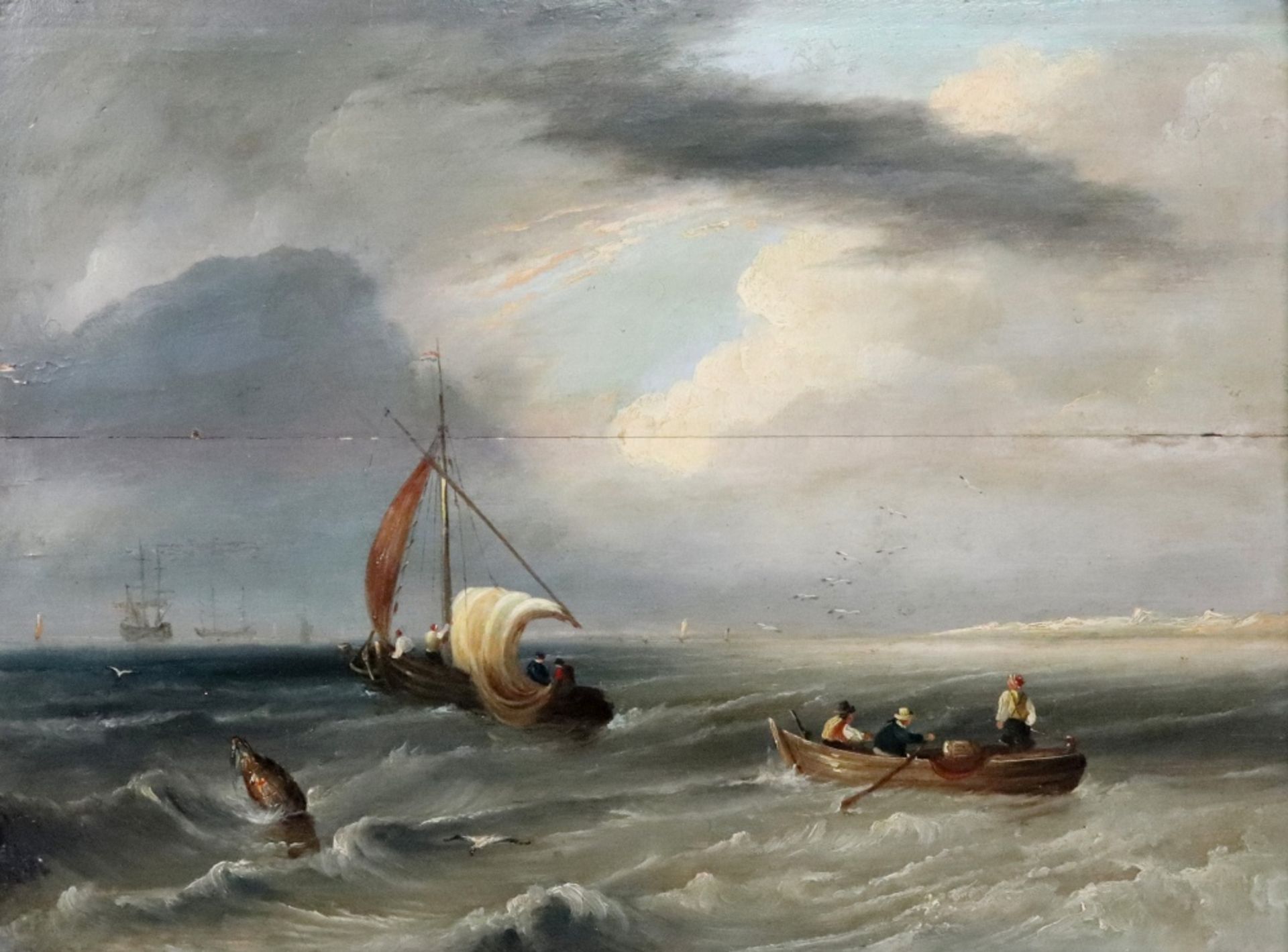 Follower of Joseph Stannard (British, 1797-1830), Shipping off the coast, oil on panel, 42 x 57cm.