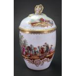 A Meissen mug and cover, late 19th century, of swollen cylindrical form with entwined handle,