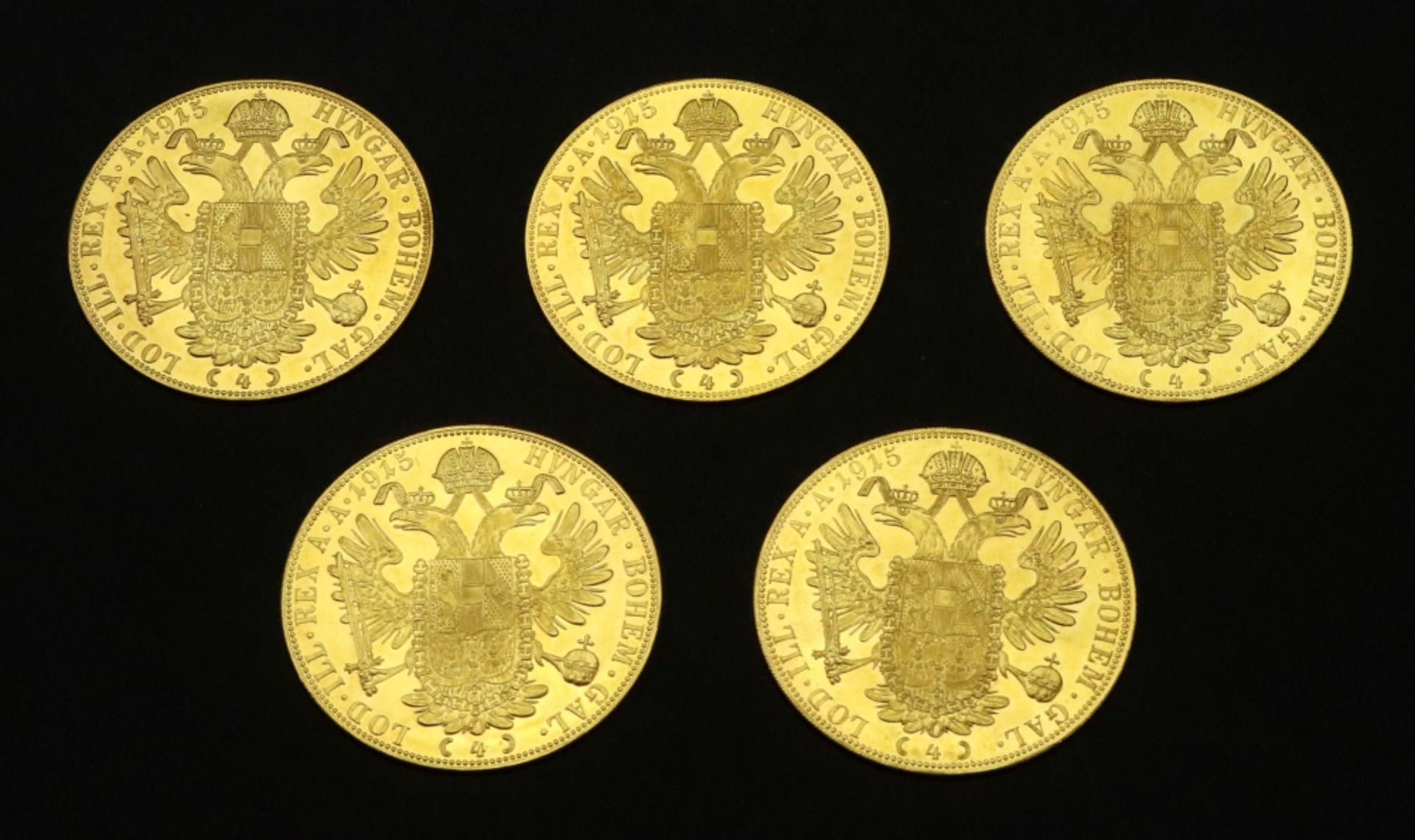 Five Austrian 1915 gold 4 ducats, re-struck, 69.8g. - Image 3 of 4