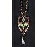 A gold, seed pearl and freshwater cultured pearl and enamelled Art Nouveau pendant,