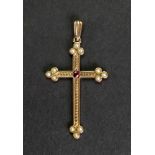 A 9ct gold, ruby and pearl cross pendant,