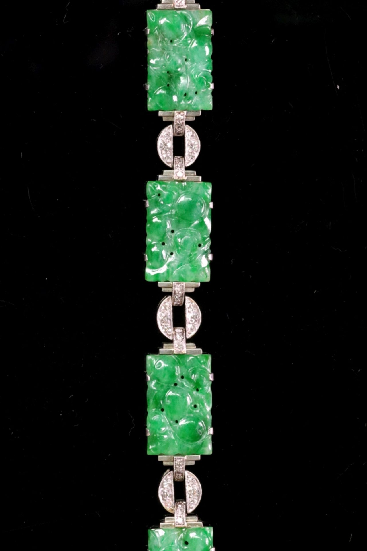 A jadeite and diamond-set bracelet, composed of four carved rectangular jadeite plaques, - Image 3 of 6