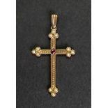 A 9ct gold, ruby and pearl cross pendant