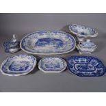 A large blue and white meat platter, 51cm wide, a pair of cornucopia wall vases, gravy boat,