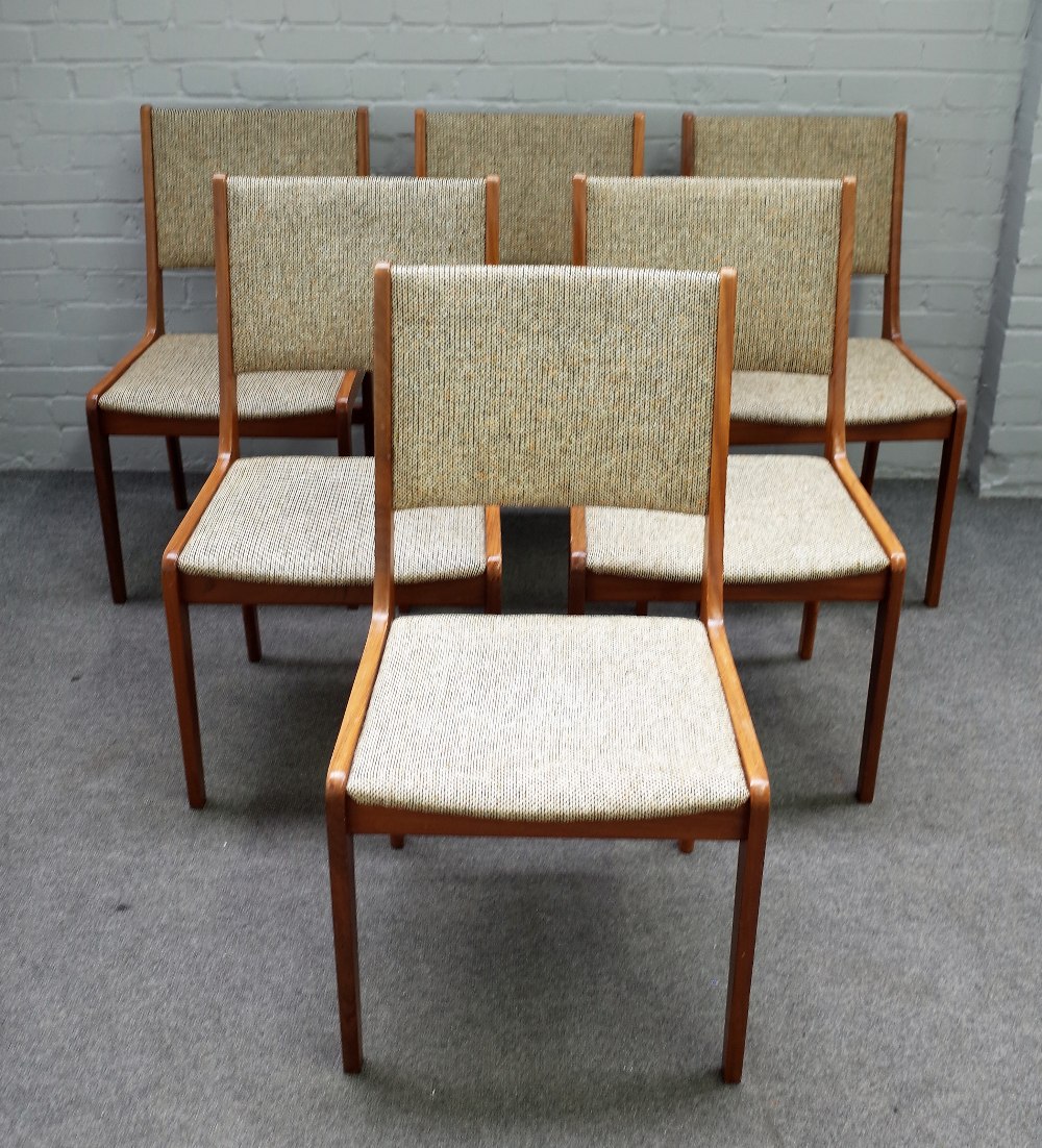 FARSTRUP MADE IN DENMARK; a set of six teak framed dining chairs, 50cm wide x 90cm high.