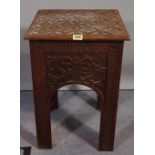 A 20th century Anglo Indian mahogany carved side table, 34cm wide x 51cm high.