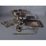 Silver plated items including; a large soup tureen, flatware, soup ladles, letter opener and sundry,