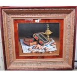 ** Pradal (20th century), Still life of books, oil lamp and walnuts, oil on canvas, signed,
