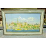 E. G. Tage (20th century), Riverside town, oil on canvas, signed and dated '50, 41cm x 75cm.