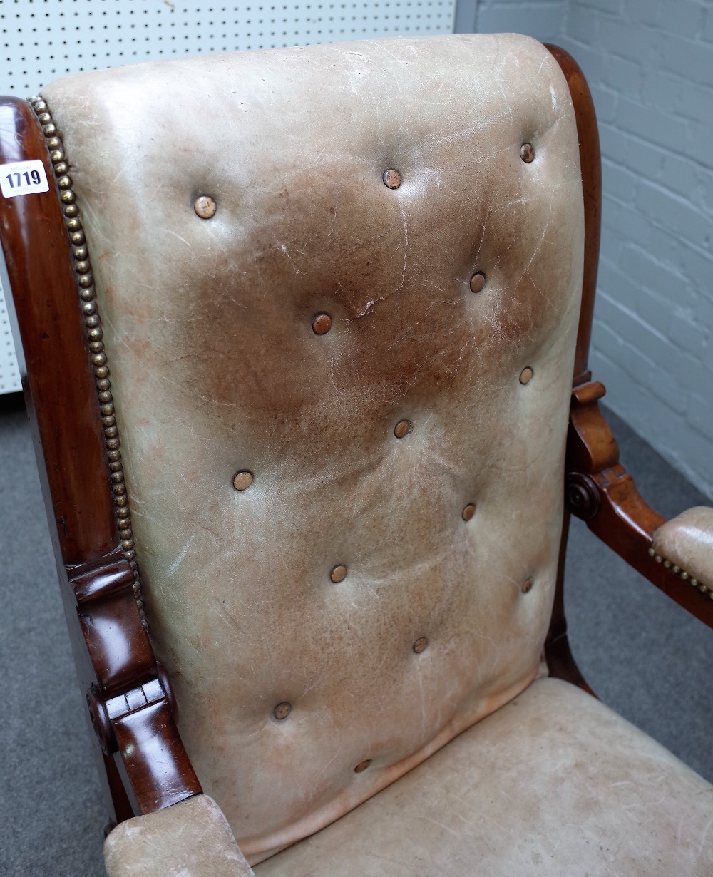 A William IV mahogany leather upholstered open arm easy chair with adjustable back and integral - Image 5 of 5