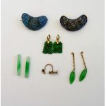 A pair of carved jade pendant drops, the tops detailed 585, two jade batons,