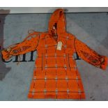 Clothing, comprising; a Bill Gibb, London red wool hooded tunic/dress with matching hat,