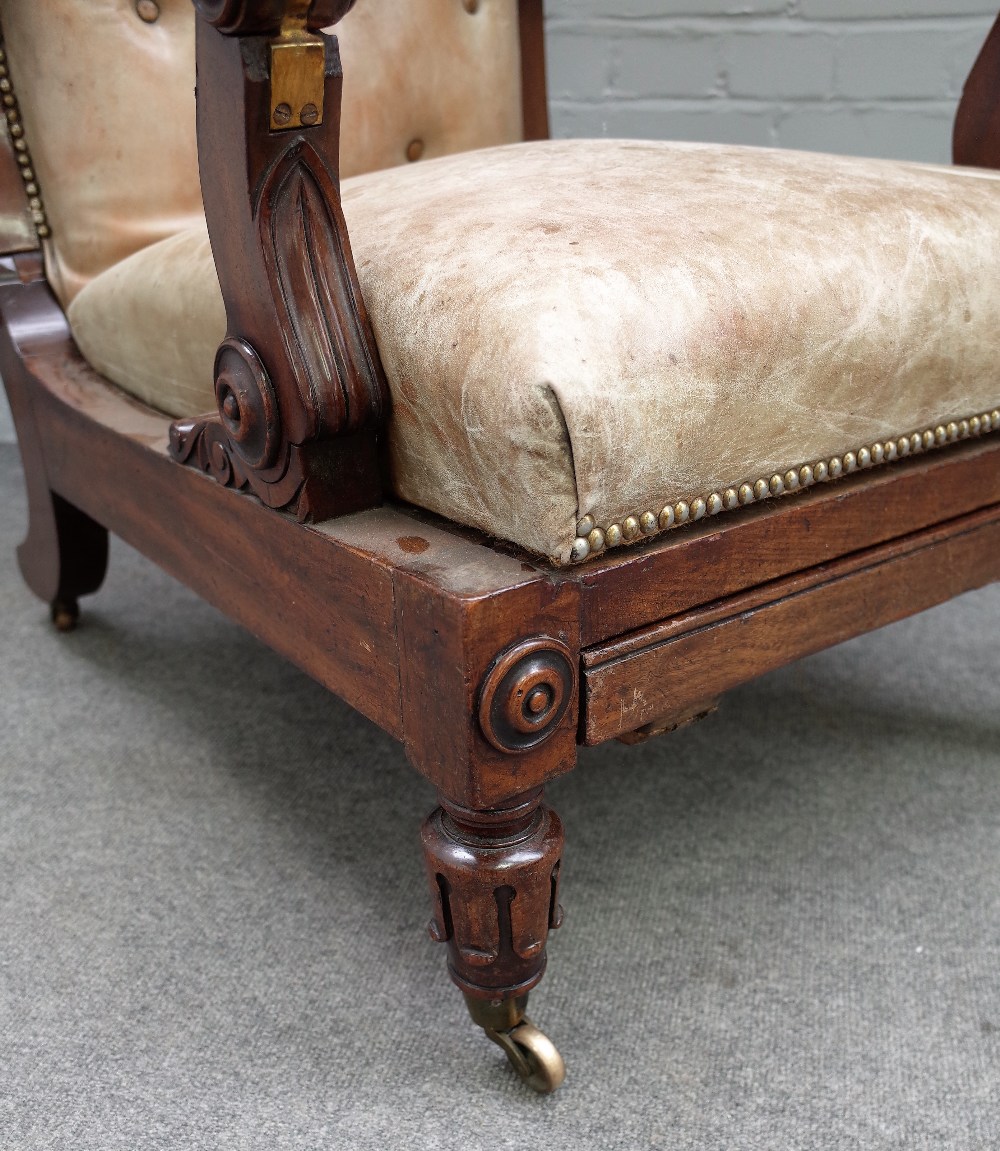 A William IV mahogany leather upholstered open arm easy chair with adjustable back and integral - Image 2 of 5