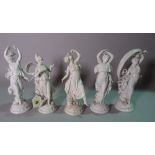 A group of five Italian white glazed porcelain female figures, 25cm high, (a.f.), (5).