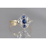 A gold, sapphire and diamond set five stone square cluster ring,