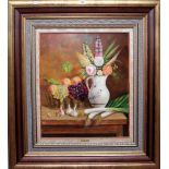 J** Perez (20th century), Still life with flowers in a jug, fruit and a basket, leeks and garlic,