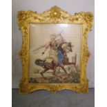 A 19th century needlework tapestry, depicting a Persian figure on horseback, in a shaped gilt frame,