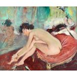 Jean Gabriel Domergue (1889-1962), Nude dressing, oil on board, signed, 45cm x 54cm.