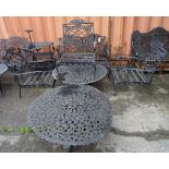 Forecast Furniture LTD; a black painted metal garden bench, 122cm wide,