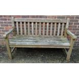 Westminster Teak; a pair of benches, 150cm wide x 94cm high and a square coffee table,