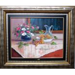 J** Gonzales (20th century), Tabletop still life of grapes and flowers, oil on canvas, signed,