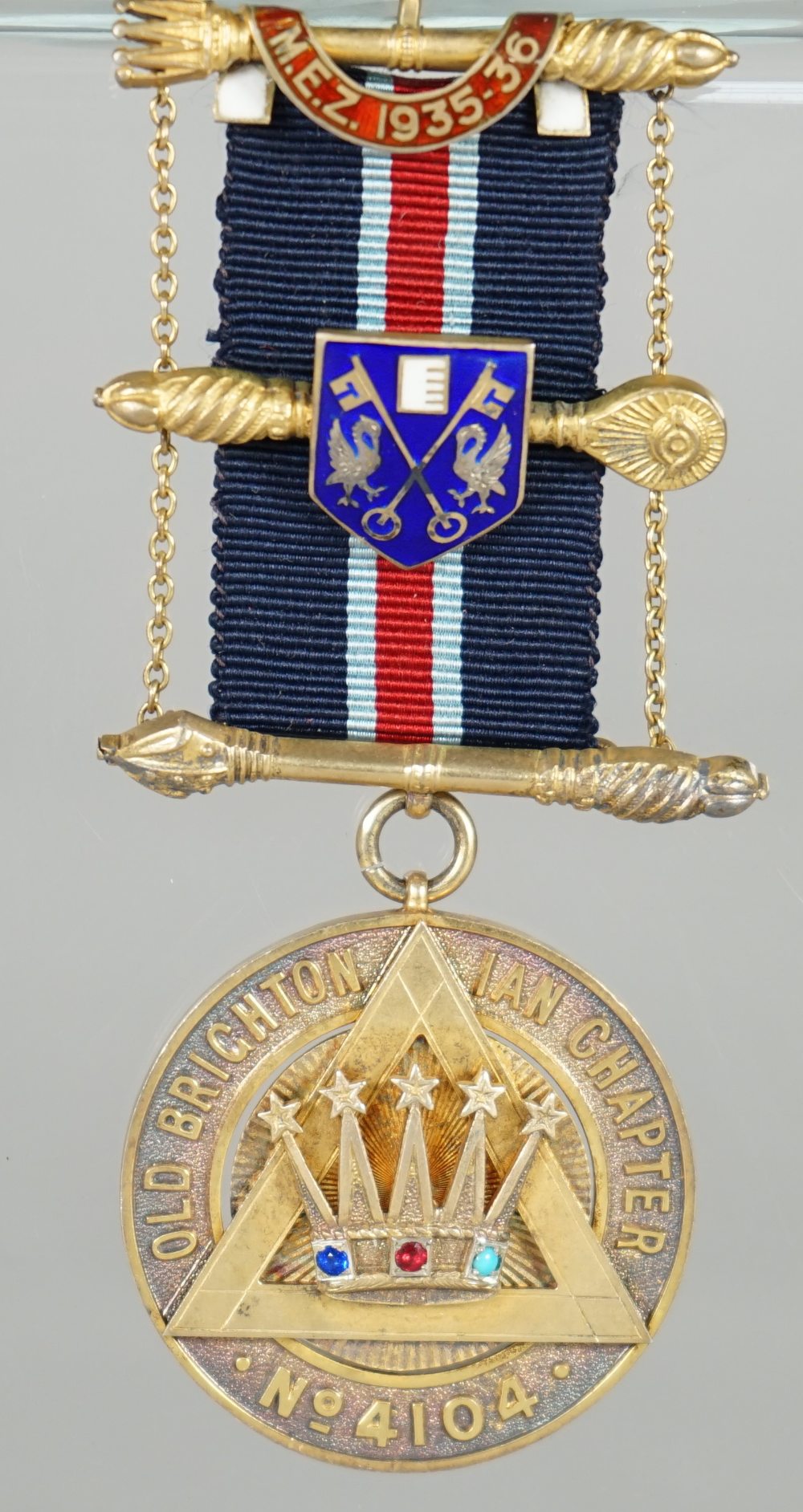 A silver gilt, enamelled and gem set Masonic jewel, detailed Old Brighton Ian Chapter No 4104, - Image 3 of 4