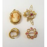Four brooches, comprising; a 9ct gold pink stone and diamond brooch designed as a dragonfly,