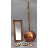 A copper warming pan with turned mahogany handle, 103cm high,