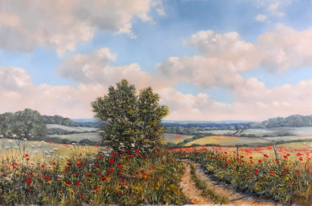 Debbie Poynton, A track way of poppies in high summer, signed, oil on canvas,