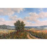 Debbie Poynton, A track way of poppies in high summer, signed, oil on canvas,