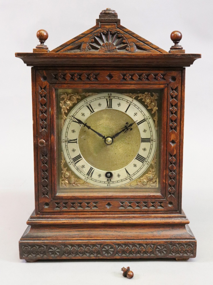 An Edwardian carved oak mantel timepiece - Image 2 of 4