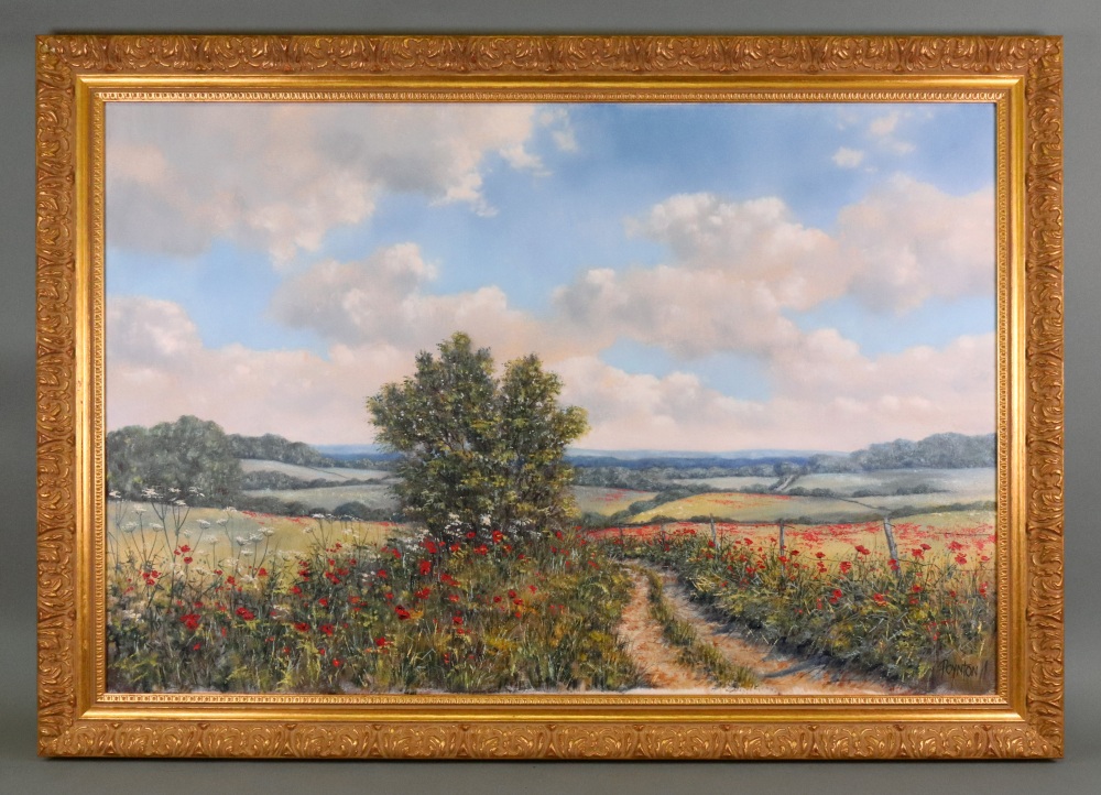 Debbie Poynton, A track way of poppies in high summer, signed, oil on canvas, - Image 2 of 3