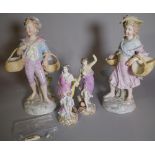 A pair of continental Meissen-style porcelain figures of boy and girl carrying baskets,