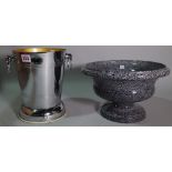 A 20th century silver plated wine cooler and mottled grey ceramic pedestal bowl.