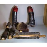 Collectables, a group of hunting boots, boot lasts and a riding helmet.