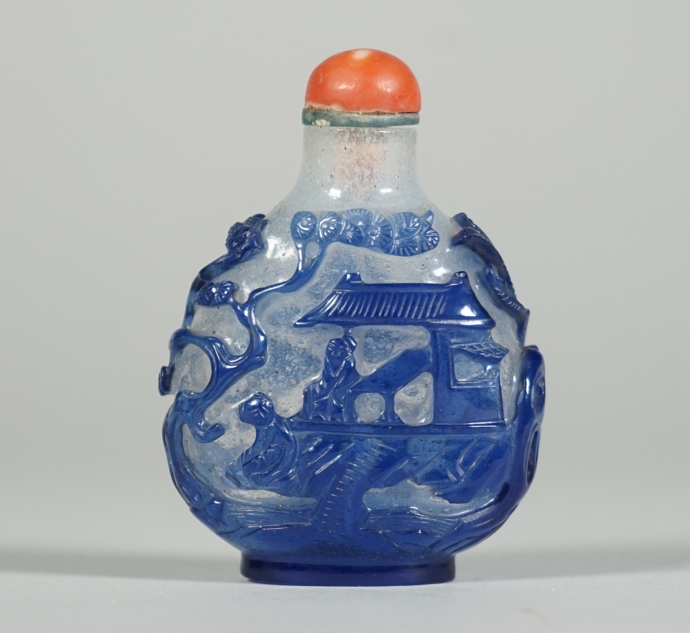 A Chinese blue overlay glass snuff bottle, 19th century,