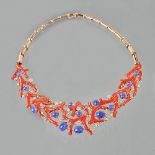 A gold, coral, diamond and cabochon mauve gem set, probably iolite, demi parure,