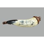 A mid-19th century scrimshaw cow horn powder flask,