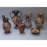 A group of six items of Attic style pottery, mostly painted with figure and animal subjects,