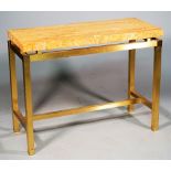 A 20th century console, the thick rectangular marble top on lacquered brass square supports,