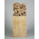 A large Chinese soapstone seal, late 19th/20th century, of square section,
