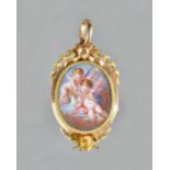 A French 19th century two colour gold and enamelled oval pendant locket, circa 1870,